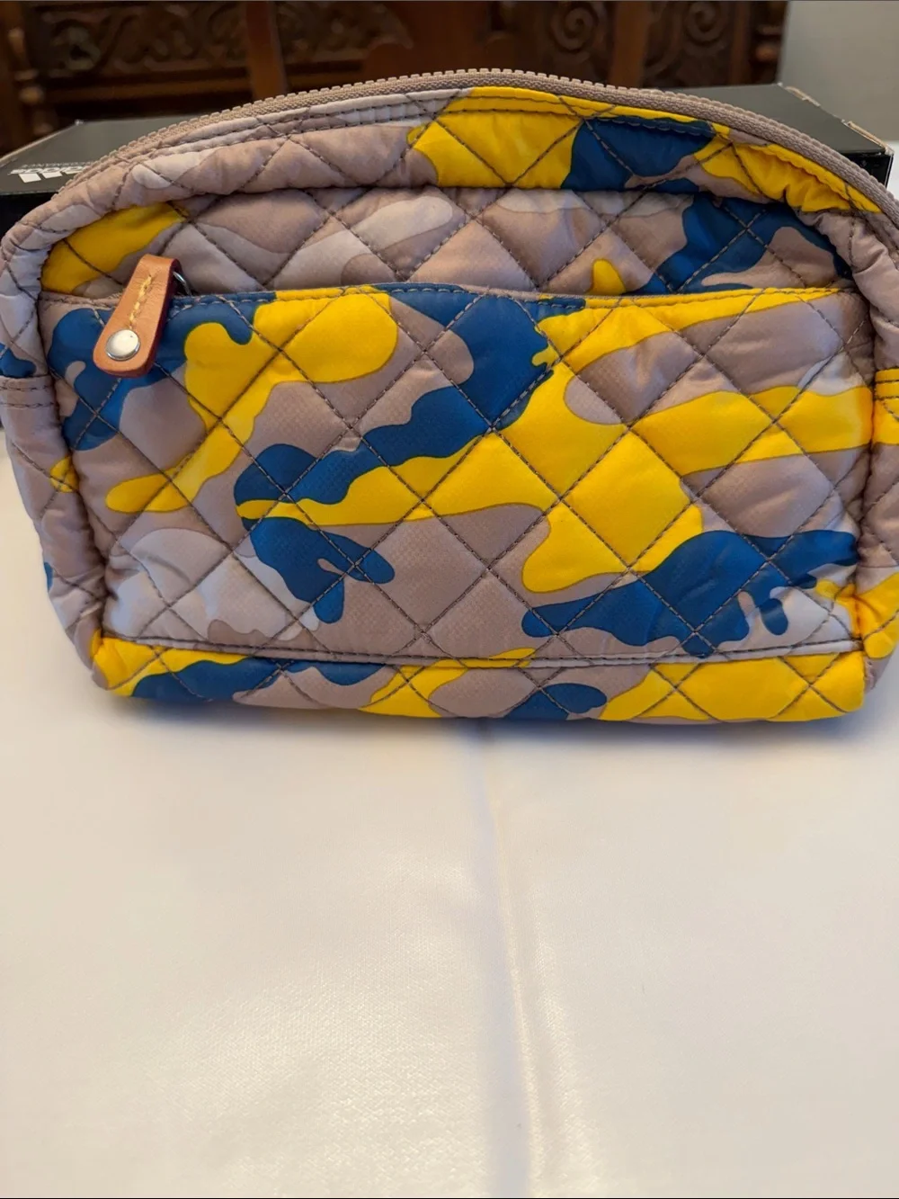 MZ Wallace Quilted Camouflage Savoy Cosmetic Bag in Blue, Yellow & Tan